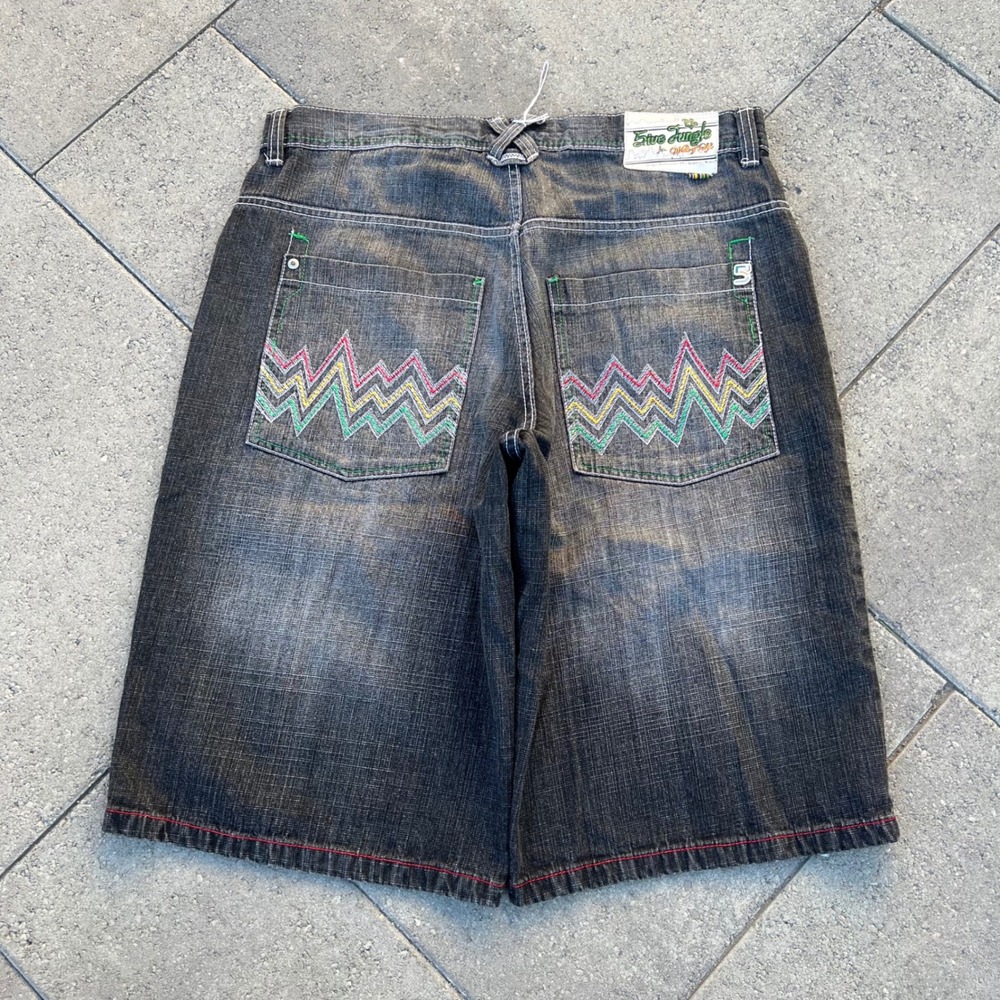 5ive Jungle & Co Mens Baggy Denim Shorts Y2K Embroidered Jorts Black Wash 36